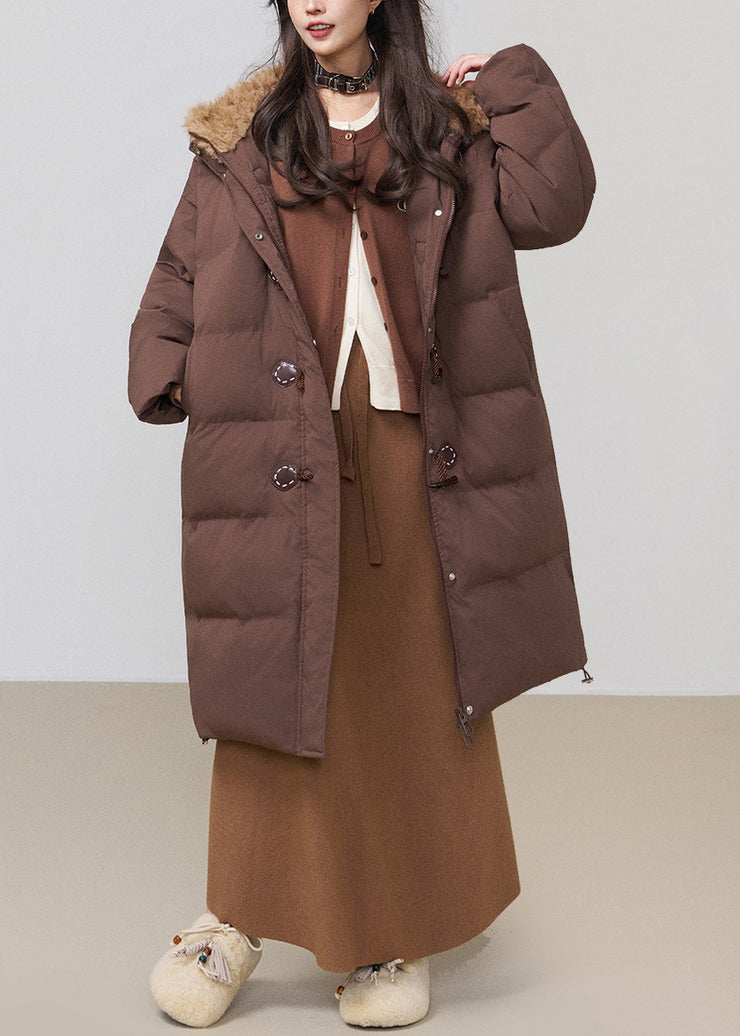 Coffee Button Fluffy Patchwork Cotton Filled Winter Long Parkaer Hooded