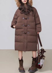 Coffee Button Fluffy Patchwork Cotton Filled Winter Long Parkaer Hooded
