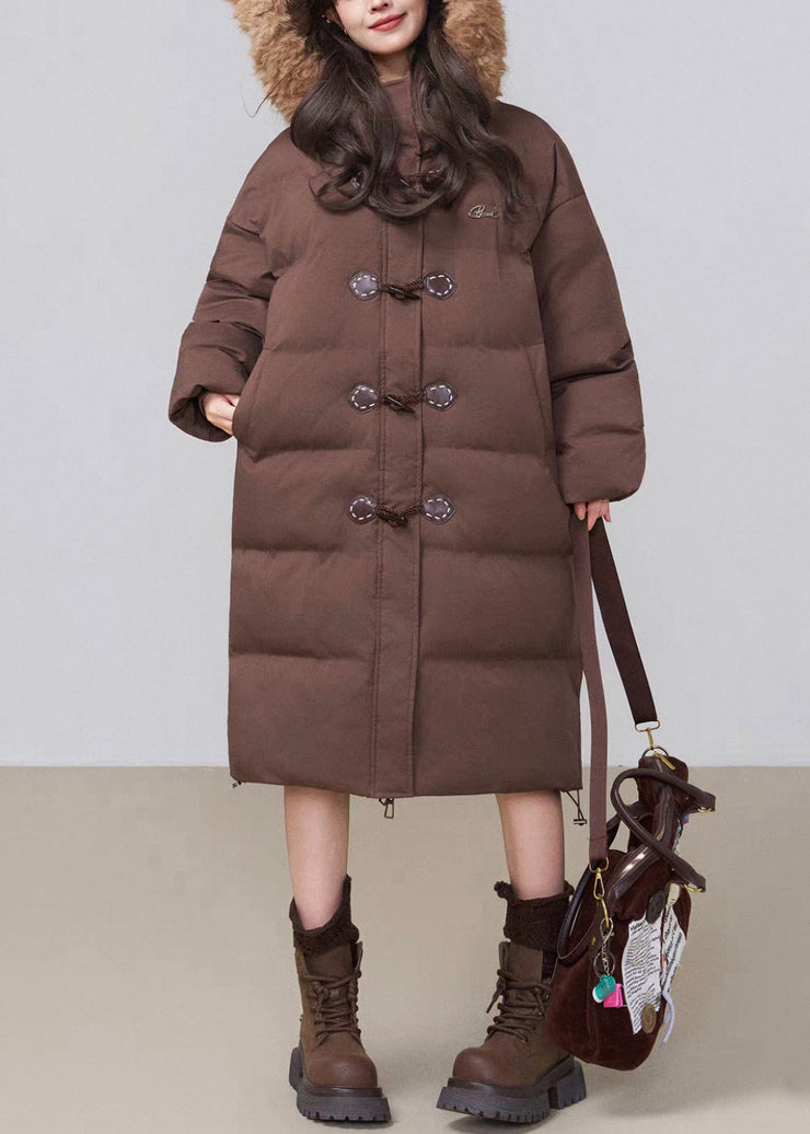Coffee Button Fluffy Patchwork Cotton Filled Winter Long Parkaer Hooded