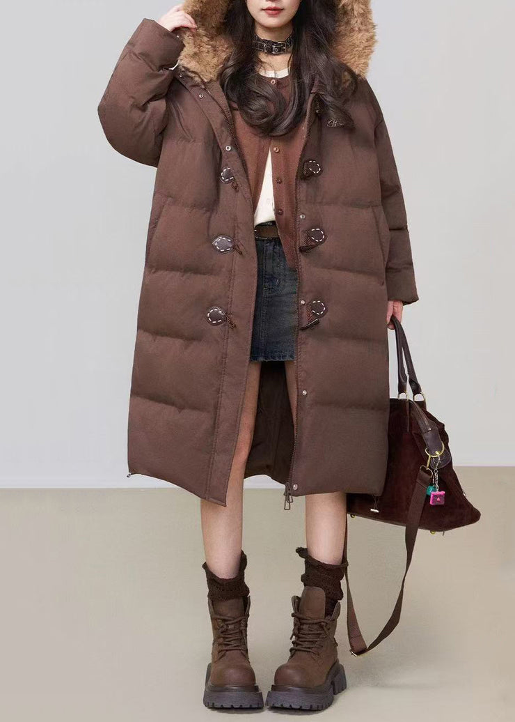 Coffee Button Fluffy Patchwork Cotton Filled Winter Long Parkaer Hooded