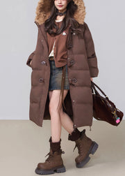 Coffee Button Fluffy Patchwork Cotton Filled Winter Long Parkaer Hooded