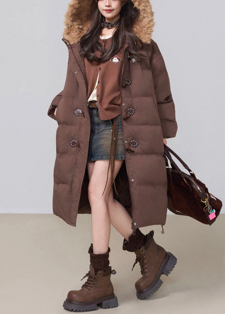 Coffee Button Fluffy Patchwork Cotton Filled Winter Long Parkaer Hooded