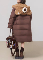 Coffee Button Fluffy Patchwork Cotton Filled Winter Long Parkaer Hooded