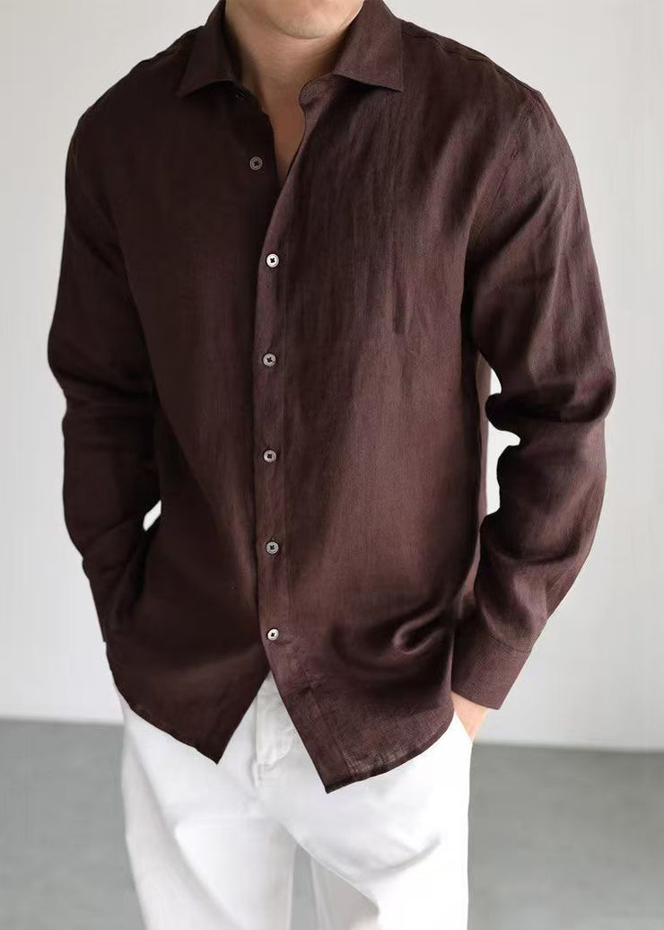 Coffee Button Linen Fall Men Shirt Peter Pan Collar