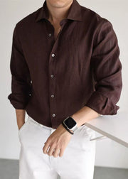 Coffee Button Linen Fall Men Shirt Peter Pan Collar