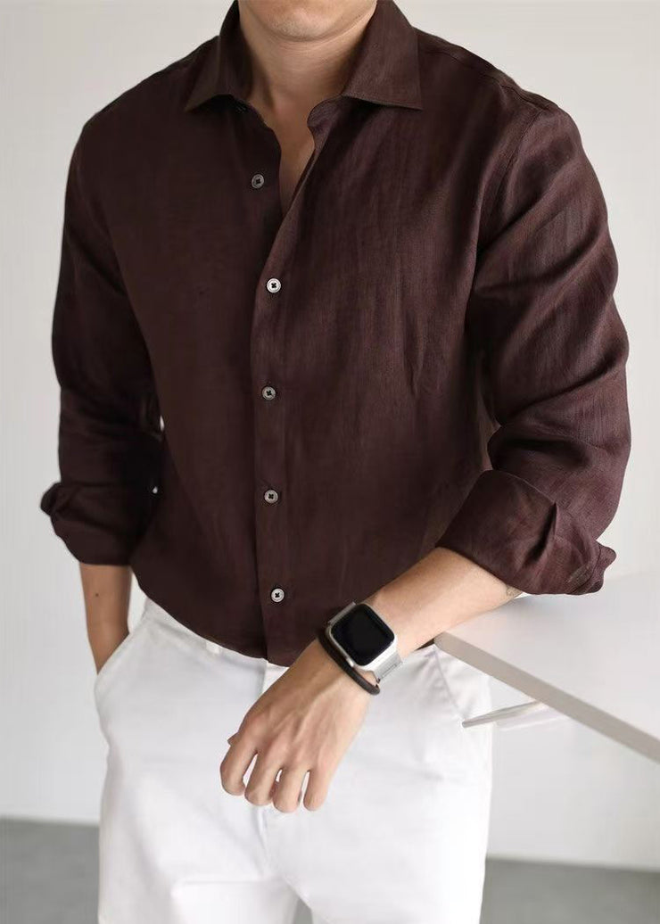 Coffee Button Linen Fall Men Shirt Peter Pan Collar