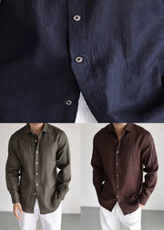 Coffee Button Linen Fall Men Shirt Peter Pan Collar