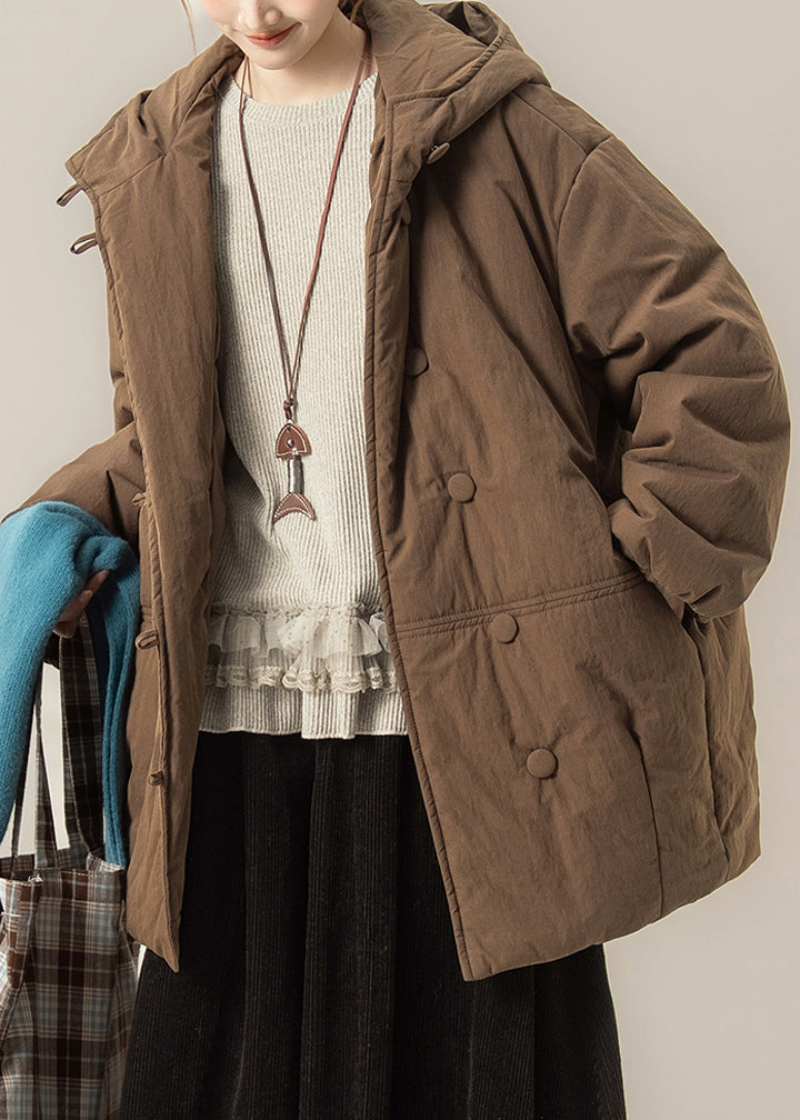 Coffee Button Patchwork Solid Hooded Parka Winter