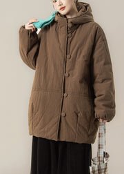 Coffee Button Patchwork Solid Hooded Parka Winter