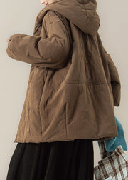 Coffee Button Patchwork Solid Hooded Parka Winter