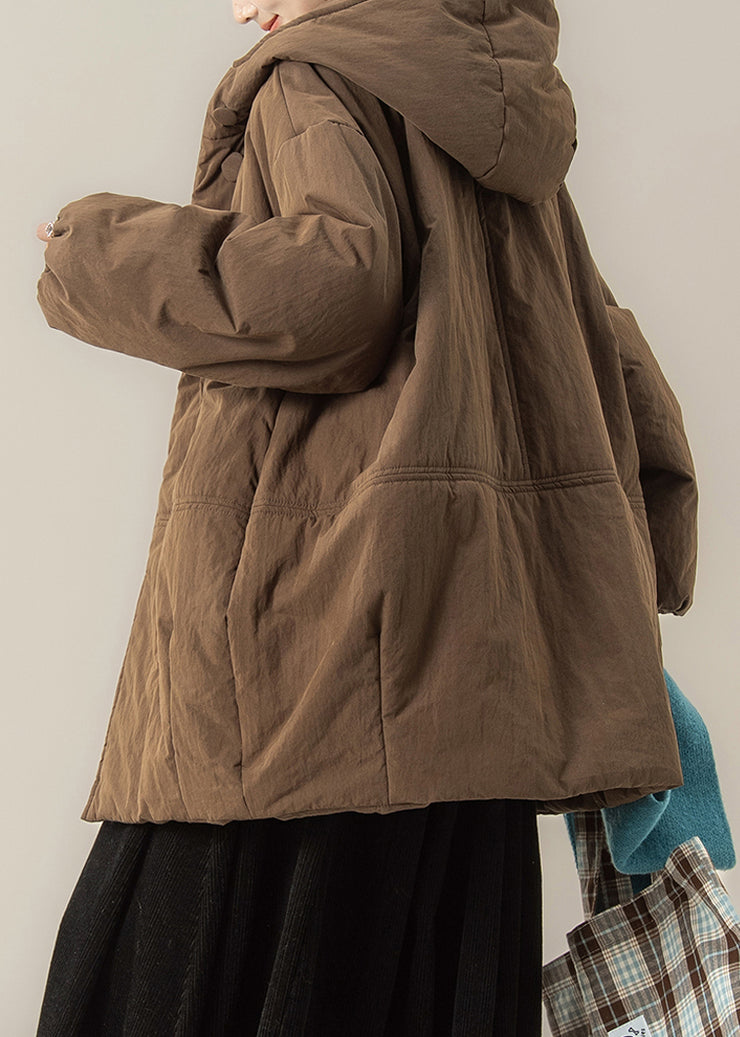 Coffee Button Patchwork Solid Hooded Parka Winter