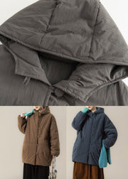 Coffee Button Patchwork Solid Hooded Parka Winter