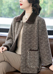 Coffee Button Pockets Mink Hair Knitted Winter Trench Peter Pan Collar