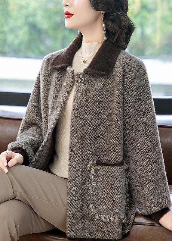Coffee Button Pockets Mink Hair Knitted Winter Trench Peter Pan Collar