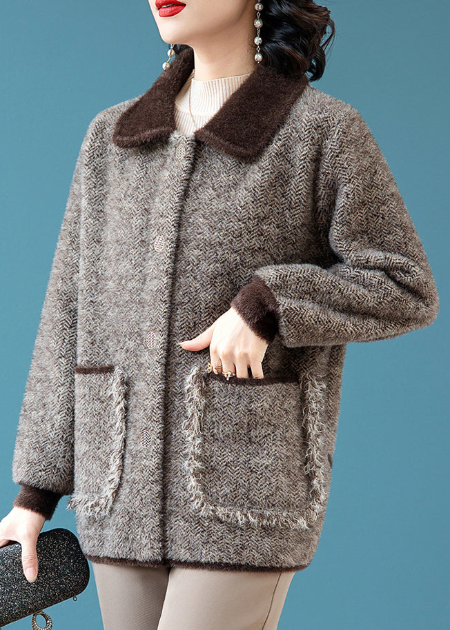 Coffee Button Pockets Mink Hair Knitted Winter Trench Peter Pan Collar