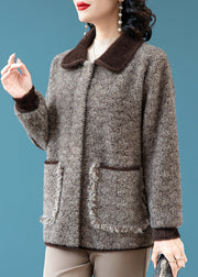 Coffee Button Pockets Mink Hair Knitted Winter Trench Peter Pan Collar