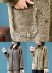 Coffee Button Pockets Mink Hair Knitted Winter Trench Peter Pan Collar