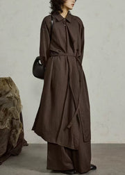 Coffee Button Side Open Cotton Long Shirt Coats Ruffled