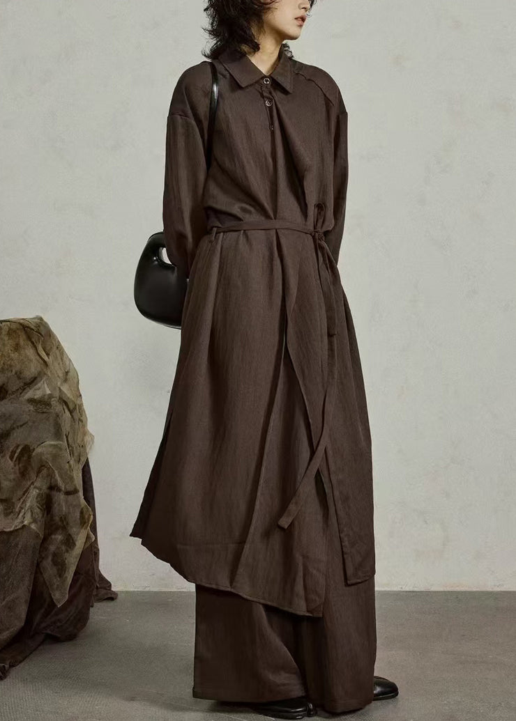 Coffee Button Side Open Cotton Long Shirt Coats Ruffled