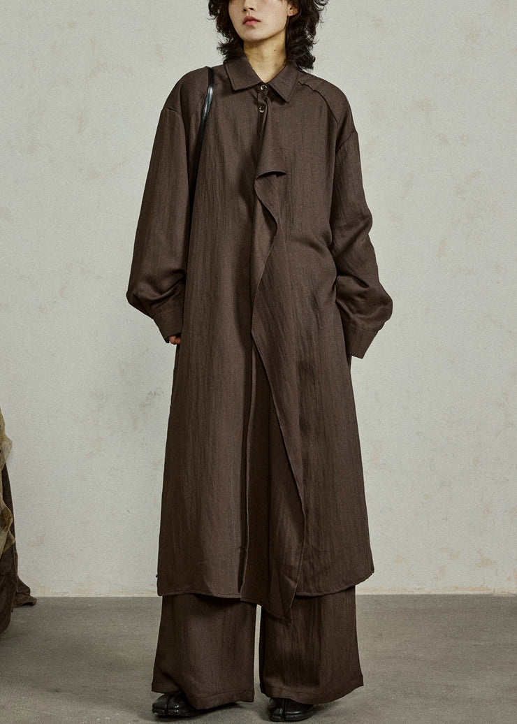 Coffee Button Side Open Cotton Long Shirt Coats Ruffled