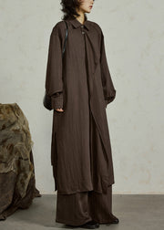 Coffee Button Side Open Cotton Long Shirt Coats Ruffled