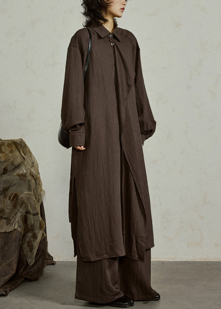 Coffee Button Side Open Cotton Long Shirt Coats Ruffled