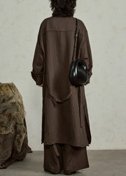 Coffee Button Side Open Cotton Long Shirt Coats Ruffled