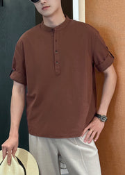 Coffee Button Solid Cotton Summer Men Shirts Stand Collar