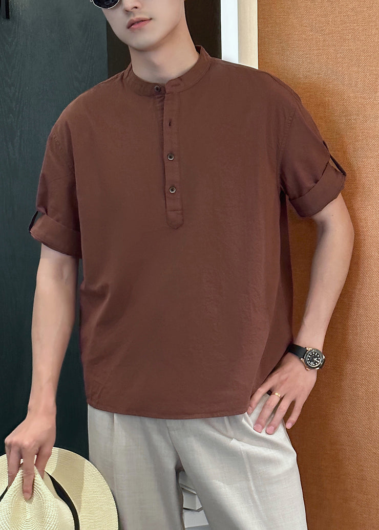 Coffee Button Solid Cotton Summer Men Shirts Stand Collar