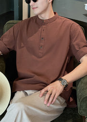 Coffee Button Solid Cotton Summer Men Shirts Stand Collar