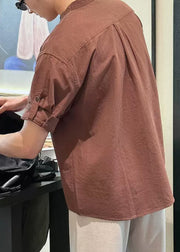 Coffee Button Solid Cotton Summer Men Shirts Stand Collar