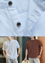 Coffee Button Solid Cotton Summer Men Shirts Stand Collar