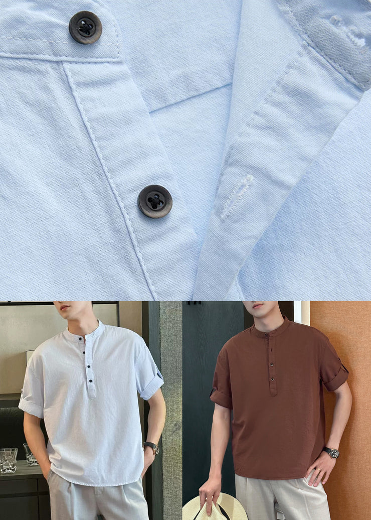 Coffee Button Solid Cotton Summer Men Shirts Stand Collar
