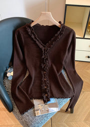 Coffee Button Solid Knit Fall Sweater Ruffled