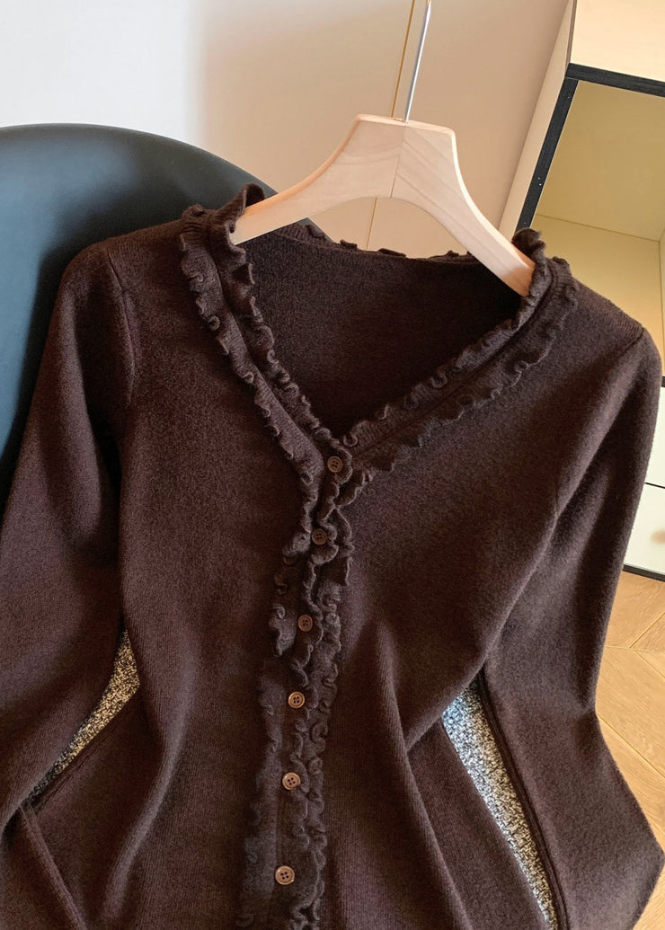 Coffee Button Solid Knit Fall Sweater Ruffled