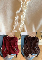 Coffee Button Solid Knit Fall Sweater Ruffled