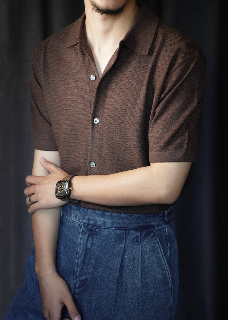 Coffee Button Solid Knit Summer Men Shirts Peter Pan Collar