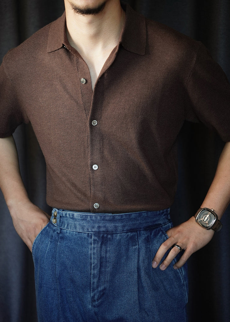 Coffee Button Solid Knit Summer Men Shirts Peter Pan Collar
