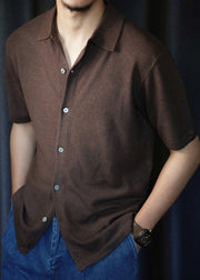 Coffee Button Solid Knit Summer Men Shirts Peter Pan Collar