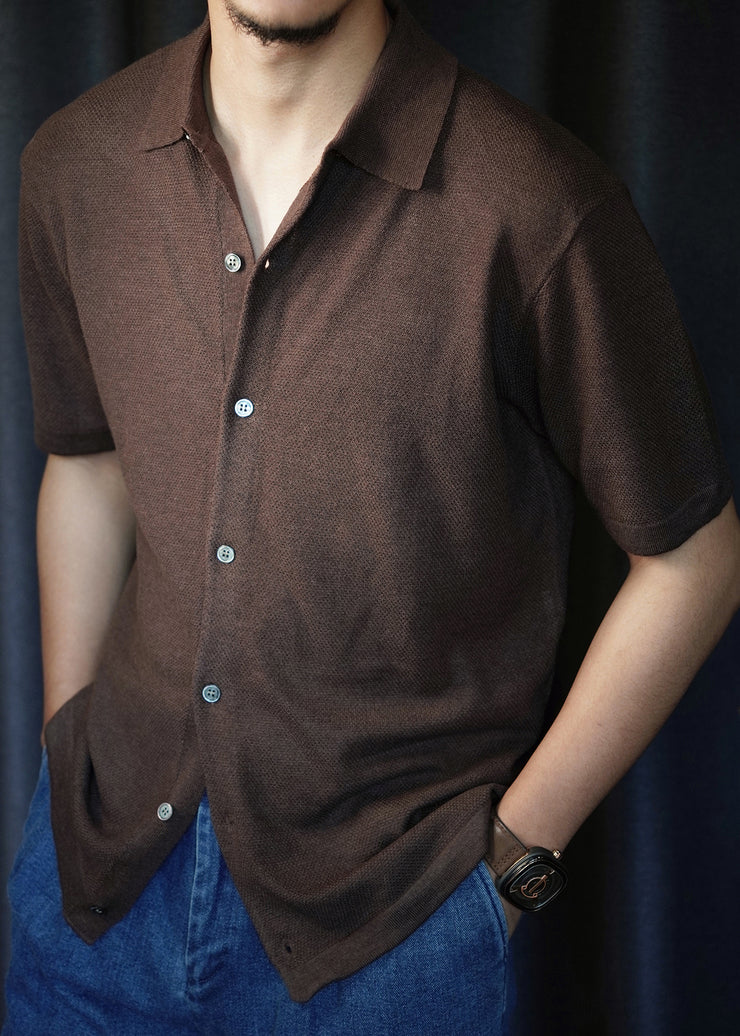 Coffee Button Solid Knit Summer Men Shirts Peter Pan Collar