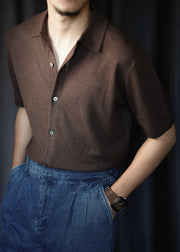 Coffee Button Solid Knit Summer Men Shirts Peter Pan Collar