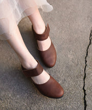Coffee Cowhide Leather Buckle Strap Splicing Wedge Heels Sandals