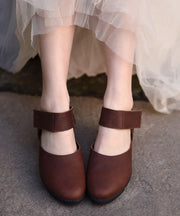 Coffee Cowhide Leather Buckle Strap Splicing Wedge Heels Sandals