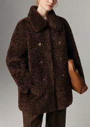 Coffee Double Breast Pockets Teddy Faux Fur Coat Peter Pan Collar
