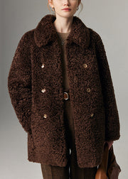 Coffee Double Breast Pockets Teddy Faux Fur Coat Peter Pan Collar