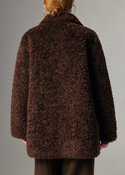 Coffee Double Breast Pockets Teddy Faux Fur Coat Peter Pan Collar