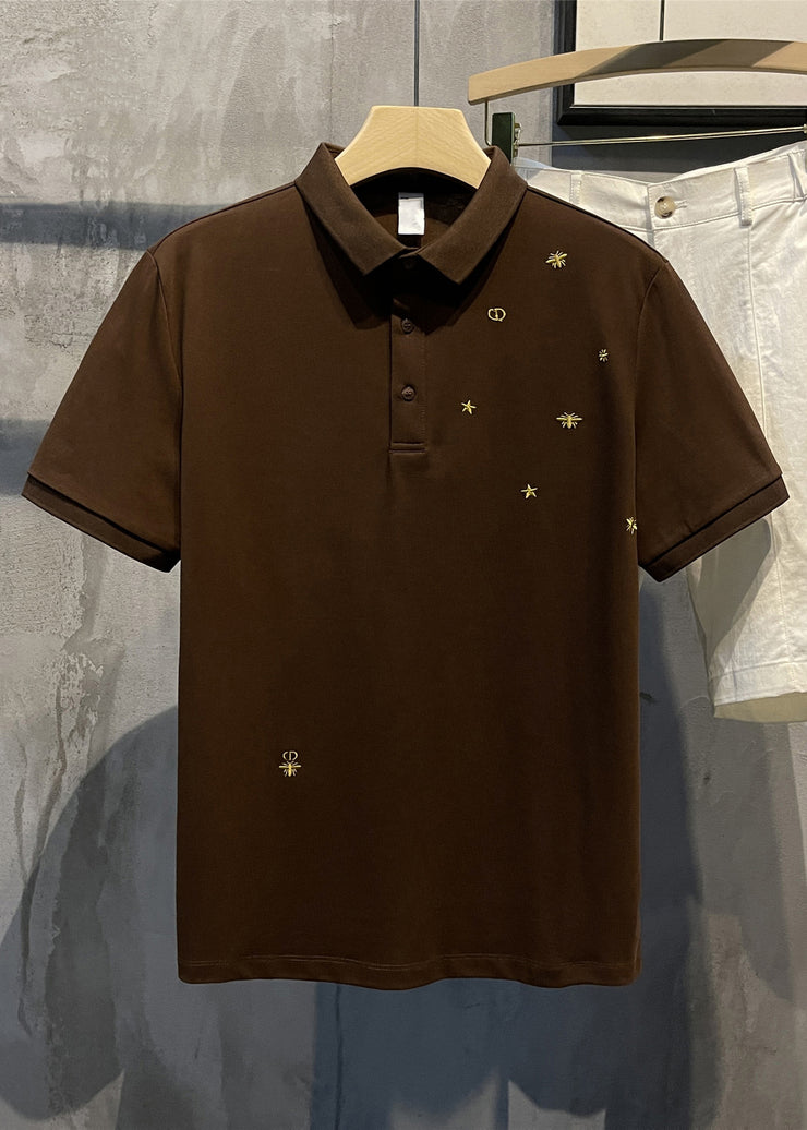 Coffee Embroideried Button Solid Cotton Mens Polo Shirts Summer