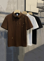 Coffee Embroideried Button Solid Cotton Mens Polo Shirts Summer