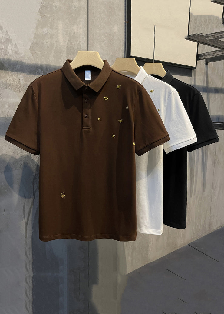 Coffee Embroideried Button Solid Cotton Mens Polo Shirts Summer