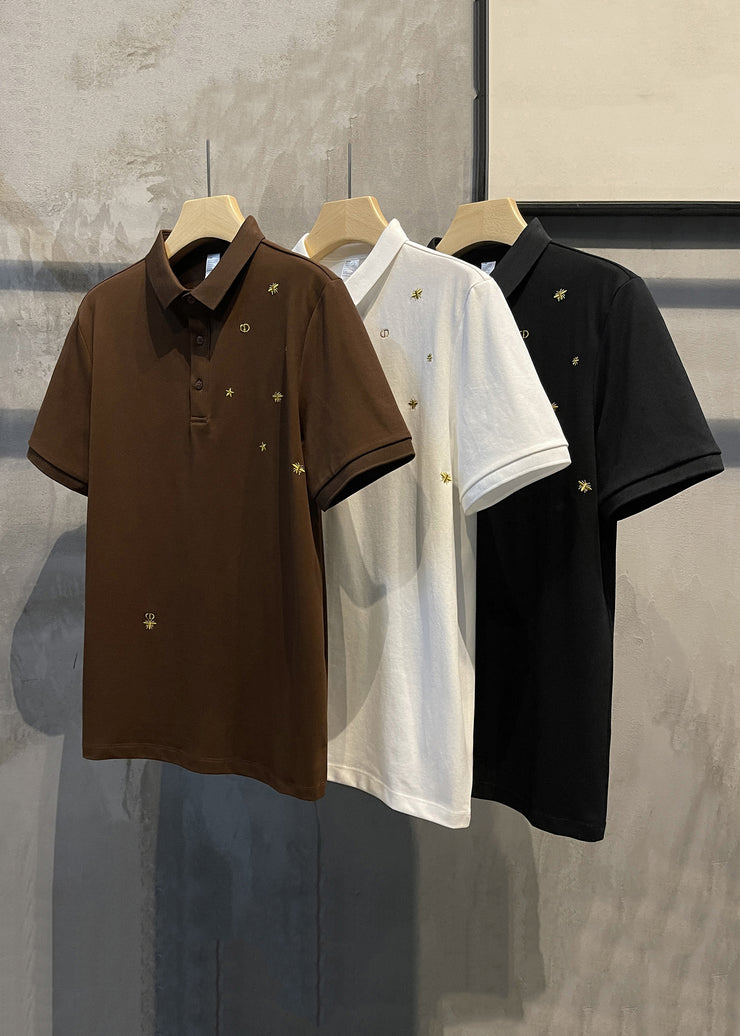 Coffee Embroideried Button Solid Cotton Mens Polo Shirts Summer